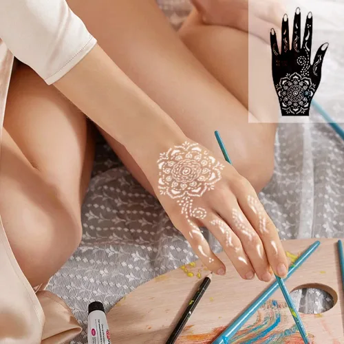 Vista 4 de XMASIR 20 hojas de plantillas de tatuaje de henna para mano, plantillas temporales de tatuaje de aerógrafo, calcomanías de tatuaje árabe, plantillas