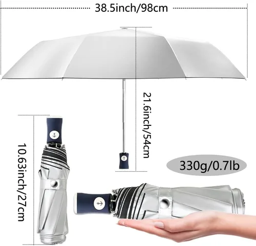Vista 17 de FDJASGY Capa de revestimiento plateado, bloqueo de tela UV 99.9%, paraguas compacto plegable de viaje, paraguas automático resistente al viento