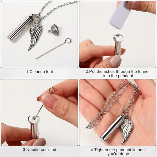 Vista 3 de Collar de urna para cenizas, joyería de cremación cilíndrica con dije de ala de ángel, recuerdo conmemorativo, recuerdo para mujeres y hombres