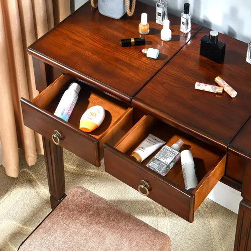 Vista 6 de Escritorio pequeño con juego de taburetes, mesa de tocador de maquillaje con espejo abatible y taburete tapizado, tocadores de madera maciza con 2