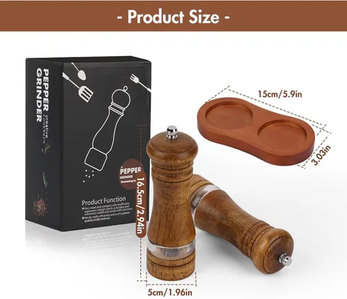 Vista 7 de Juego de molinillo de sal y pimienta, 2 piezas de molinillo de pimienta de roble con soporte, molinillo de cerámica ajustable de 6 pulgadas