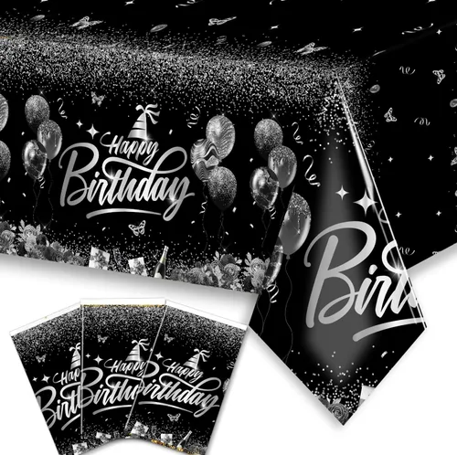 Vista 8 de CMUSKO Decoraciones de feliz cumpleaños, 3 piezas, fundas rectangulares de plástico desechables para mesa de cumpleaños, decoración de fiesta