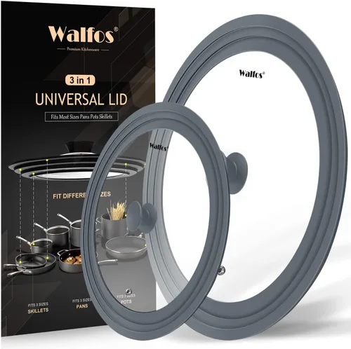 Vista 8 de Tapa Universal para Ollas, Sartenes y Cacerolas - Walfos Tapa de Vidrio Templado con Borde de Silicona Resistente al Calor, Libre de BPA, Tapas Gris