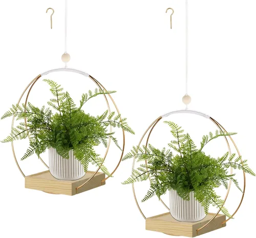 Vista 18 de Maceta colgante para plantas de interior, colgador de plantas negro para interiores con base de madera resistente, colgador de plantas de macramé