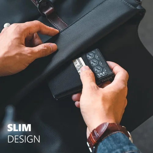 Vista 4 de VULKIT Billetera minimalista con ventana de identificación y bolsillo EDC con bolsillo desplegable para tarjetas de crédito y bloqueo RFID, diseño