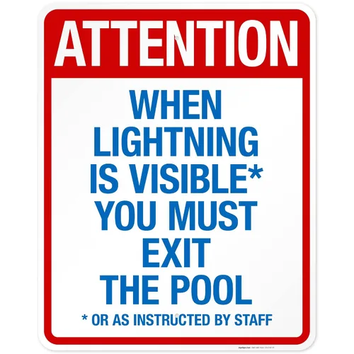 Vista 3 de Letrero con texto en inglés "Attention When Lightning is Visible You Must Exit The Pool - Letrero de piscina, 10 x 14 pulgadas, libre de óxido