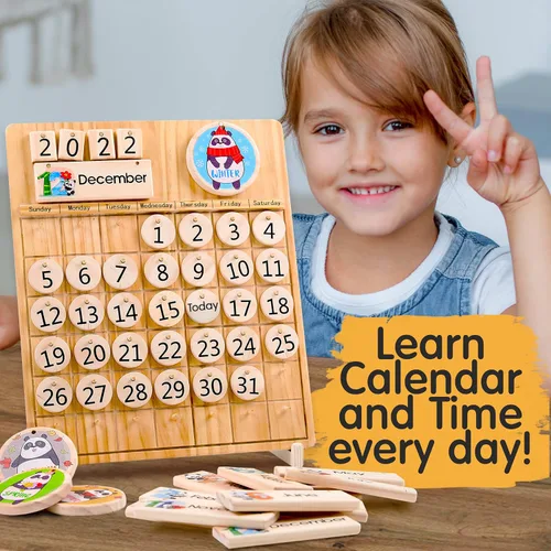 Vista 2 de Panda Brothers Calendario perpetuo de madera, juguete Montessori para niños, temporadas de aprendizaje, meses y días del año, calendario preescolar