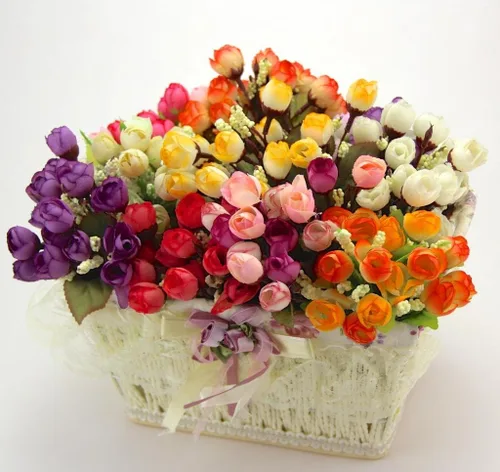 Vista 4 de Color amarillo pequeño Rosebuds ramo de rosas flores artificiales decoración de la fiesta de la pared del hogar etiqueta de la boda