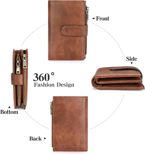 Vista 8 de GOIACII - Carteras para mujer con bloqueo RFID para tarjetas de crédito y 2 bolsillos con cremallera, cartera de cuero con 3 ventanas