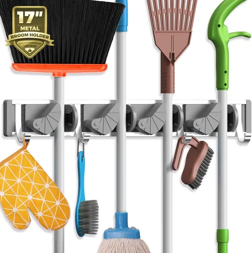Vista 8 de Holikme Soporte para Escobas y Fregonas de Pared, Organizador de Metal para Despensa y Almacenamiento, Organizador de Herramientas de Cocina