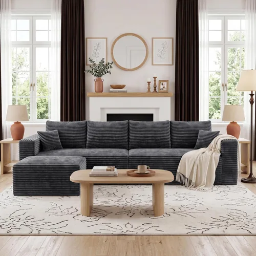 Vista 3 de Sofá modular en forma de L de 118 pulgadas, moderno sofá modular de pana de espuma viscoelástica de 4 plazas con otomana, asiento profundo tapizado