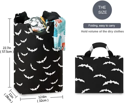 Vista 2 de Cesta de lavandería de 50 L para Halloween, diseño gótico, plegable, con asas acolchadas, impermeable, duradera, cesta de almacenamiento