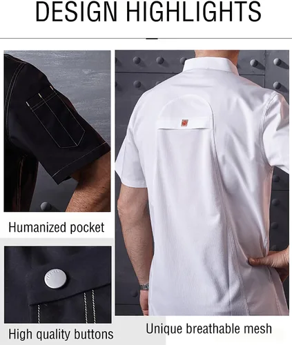 Vista 4 de Unisex Lightweight Chef Coat 2-Pocket One-Piece Collar Chef Jacket Men Chef Uniform With Snap Closure