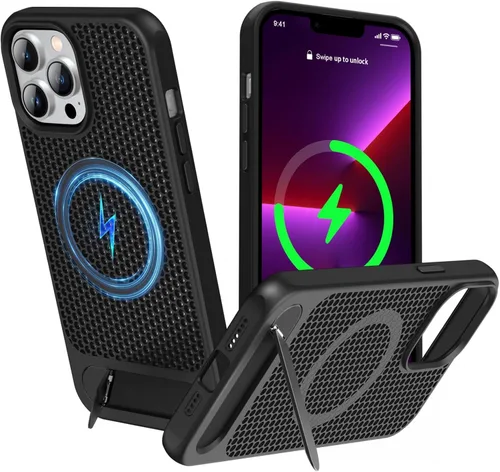 Vista 73 de Funda magnética de disipación de calor para iPhone 13 Pro Max, para MagSafe, protección contra caídas Coolingf, funda con función atril ajustable