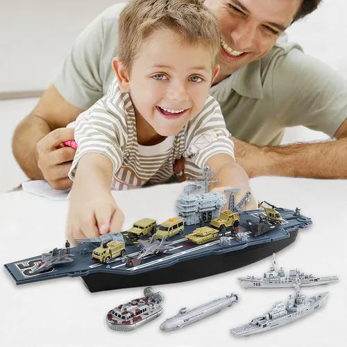 Vista 7 de deAO Portaaviones de juguete con soldados del ejército a escala, aviones de guerra, buques de guerra, vehículos militares, acorazados, aviones