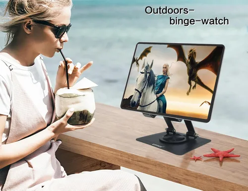 Vista 3 de Soporte para tablet para escritorio, con base de metal giratoria de 360°, soporte de doble varilla ajustable multiángulo, accesorios de oficina