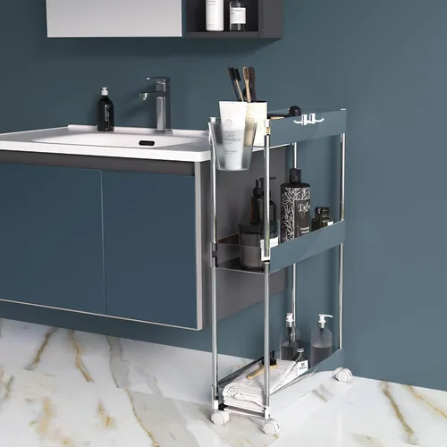 Vista 8 de VECELO Carrito rodante de acrílico de 3 niveles, carrito utilitario para almacenamiento de cocina, estantes móviles organizadores deslizables con 2