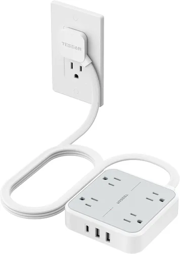 Vista 13 de TESSAN Cable de extensión plano protector de sobretensiones de 1 pie, regleta de enchufe con anillo con 4 tomas, 3 puertos USB (1 USB C), protección