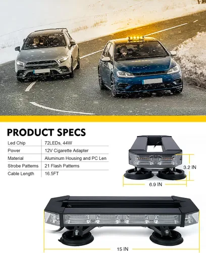 Vista 6 de LUMENIX Barra de luz estroboscópica de emergencia para techo con 72 luces LED con panel de control, base magnética, advertencia intermitente, barra
