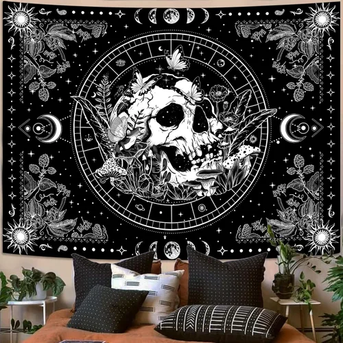 Vista 2 de Aipon Tapiz de esqueleto en blanco y negro para dormitorio, tapiz de calavera, setas, tapices hippie, plantas naturales, flores florales, tapiz