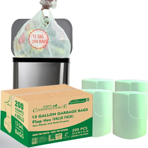Vista 14 de BEIDOU-PAC Bolsas de basura compostables certificadas de 1.6 galones con asa, 125 bolsas de basura pequeñas de compost para cocina, bolsas de basura