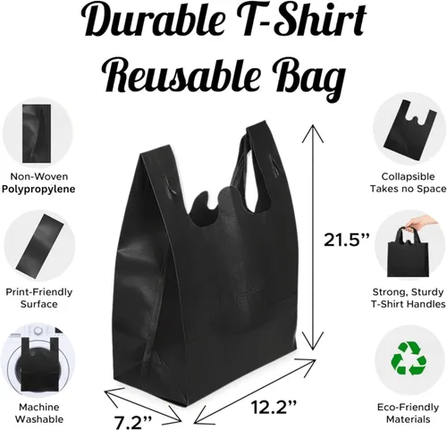 Vista 2 de Simply Cool Paquete de 50 bolsas de compras reutilizables ecológicas negras de 21.5 x 12.2 x 7.2 pulgadas, bolsas de compras duraderas y reciclables