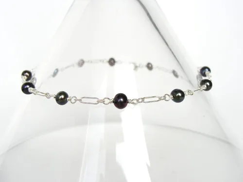 Vista 6 de Genuine Black Pearl Sterling Silver Anklet: handmade, dainty, adjustable length 9-10 inches