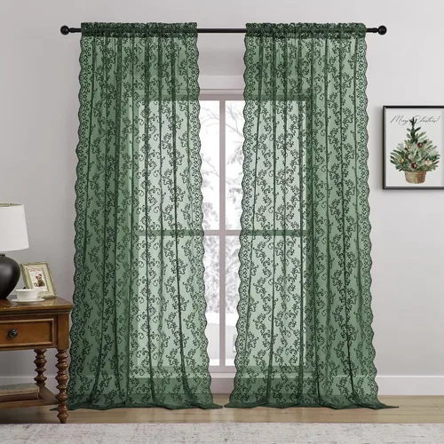 Vista 32 de Cortinas de encaje floral victoriano transparentes - 45 pulgadas de largo, 2 paneles, bolsillo para barra de cocina estilo cafetería, filtro de luz