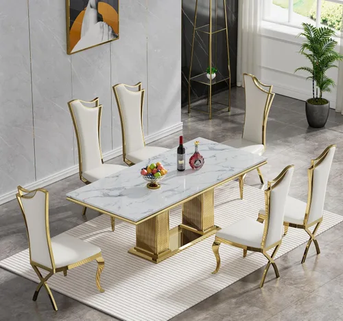 Vista 9 de Mesa de comedor de mármol blanco de 70 pulgadas para 4 a 6, moderna mesa de cocina rectangular de mármol sintético con base de doble columna