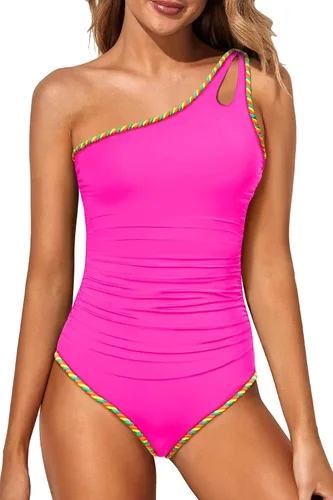 Vista 42 de Women's One Shoulder One Piece Tummy Control Swimsuit Full Coverage Diseño de ojo de cerradura, ajuste de cobertura completa, estilo modesto Negro