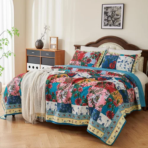 Vista 2 de EVENHUG Juego de edredón de retazos de 100% algodón, tamaño Queen, ligero, floral, juego de ropa de cama, colcha reversible con fundas de almohada