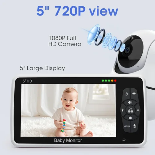 Vista 3 de Babystar Monitor de bebé con cámara y audio, resolución HD 720P, pantalla de 5 pulgadas, 4000 mAh hasta 22 horas de batería, zoom panorámico remoto