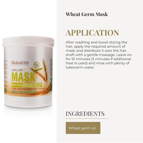 Vista 4 de Salerm - Máscara Capilar Nutritiva - 1000 ml - con Germen de Trigo - para Cabello Seco y Dañado - Hidratación Profunda del Cabello - Brillo