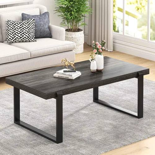 Vista 16 de FOLUBAN Mesa de café negra, mesa central moderna de madera y metal industrial, mesa rectangular de cóctel y té para sala de estar, 47 pulgadas