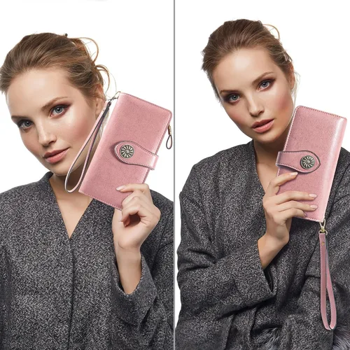 Vista 5 de Travelambo Cartera de mujer con bloqueo RFID para tarjetas de crédito, cartera de cuero de gran capacidad