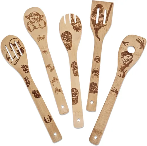 Vista 9 de Juego de utensilios de madera, utensilios de bambú, 5 cucharas de madera para cocinar, fáciles de limpiar, resistentes, ligeros y resistentes al