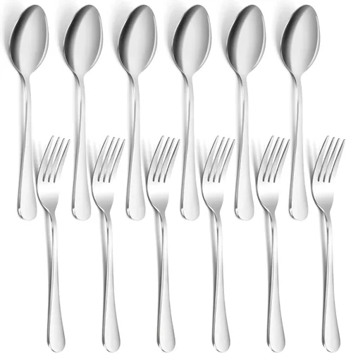 Vista 9 de Juego de 12 cucharas y tenedores, cubiertos de acero inoxidable de grado alimenticio, 6 tenedores (6.8 pulgadas) y 6 cucharas (6.6 pulgadas), juego
