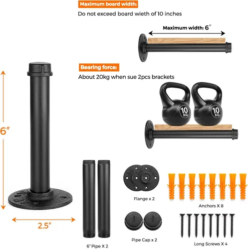 Vista 2 de Perchero flotante de tubo industrial negro de 6 pulgadas montado en la pared, estante de ropa resistente para colgar, barra de colgar multiuso