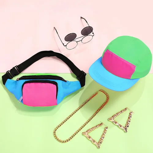 Vista 4 de Cindeer 5 piezas de accesorios de hip hop de los años 90 para mujeres y hombres, traje de los años 80 y 90, riñonera de neón, sombrero, lentes