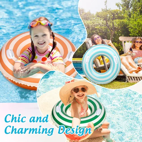 Vista 5 de Whaline 3 piezas de tubo inflable para piscina con asas, retro, naranja, verde, azul, rayas, anillos de piscina, flotadores, tubo para tumbonas