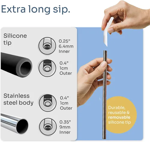 Vista 2 de purifyou Pajitas de acero inoxidable extra largas de 14.5 pulgadas con puntas de silicona, popotes de metal reutilizables para vasos, licuados