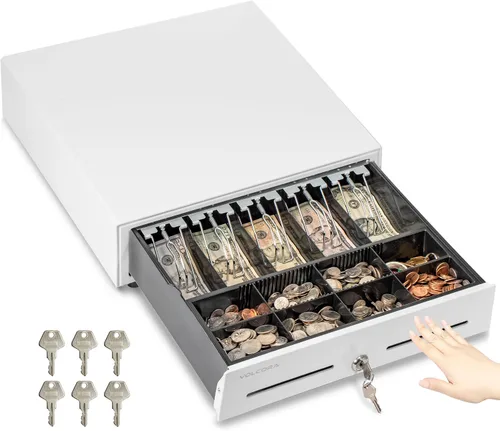 Vista 7 de Volcora Cajón manual de 13" para caja registradora con apertura por presión para sistema de punto de venta (POS), cajón resistente color negro con 4