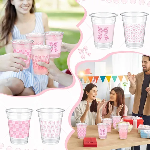 Vista 4 de Qinyoung 100 vasos de plástico con lazo rosa de 12 onzas, vasos desechables de coqueta, lazo rosa y corazón, vasos de plástico transparente