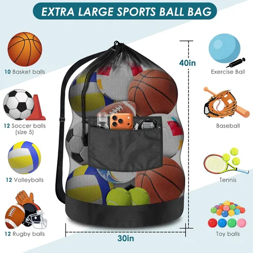 Vista 2 de BROTOU Bolsa de red para pelota de fútbol extragrande, bolsa de malla con cordón de 40 x 30 pulgadas con bolsillo con cremallera, bolsa