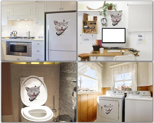Vista 4 de Winston & Bear Calcomanías 3D de gato, paquete de 2 unidades, calcomanías de gato gris risueño para pared, nevera, inodoro, automóvil, empaquetado