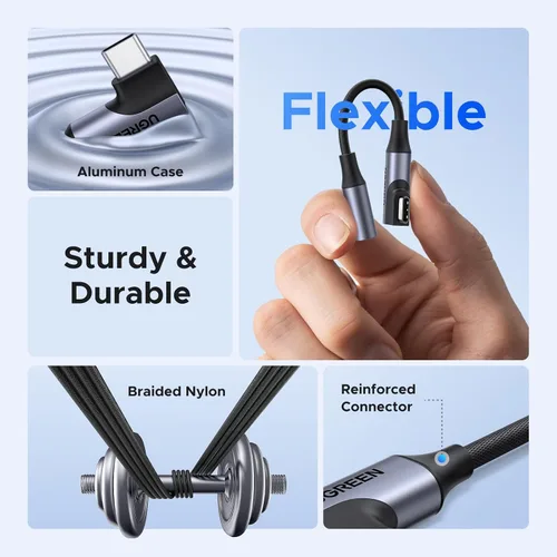 Vista 6 de UGREEN Adaptador de audio USB C a 0.138 in de ángulo recto tipo C conector auxiliar para auriculares 24bit 96kHz HiFi DAC, Braided Cable, Supports