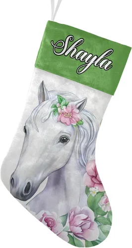 Vista 12 de Calcetines de Navidad personalizados con diseño de unicornio y flores con nombre, medias de Navidad personalizadas para decoración de fiestas