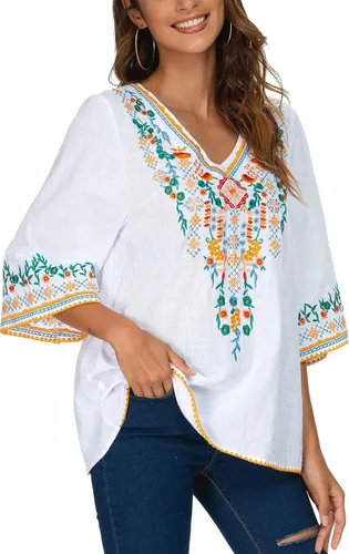 Vista 6 de YZXDORWJ Blusa campesina mexicana bordada con cuello en V para mujer