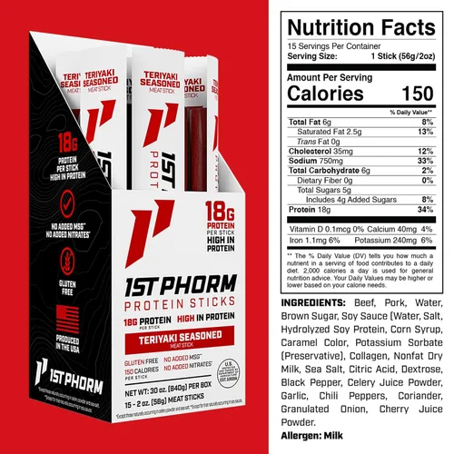 Vista 2 de 1st Phorm Palitos de proteína, Teriyaki sazonado, 0.63 oz de proteína, 15