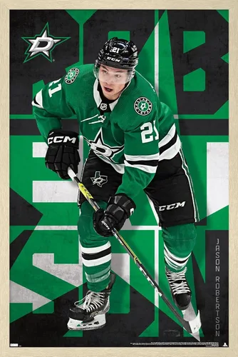 Vista 8 de Trends International NHL Dallas Stars - Póster de pared de Jason Robertson 23, 22.37 x 34.00 pulgadas, paquete de impresión y colgador de madera